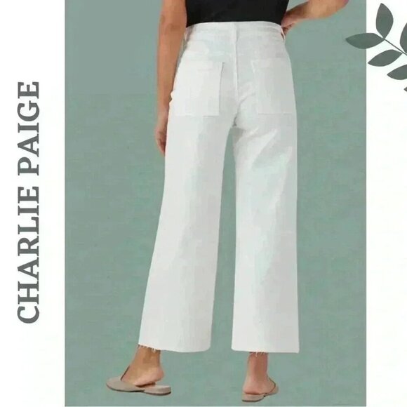 Charlie Paige White Wide Leg Boho Jean Cropped Raw Hem 5 Pocket Stretch - Picture 2 of 2